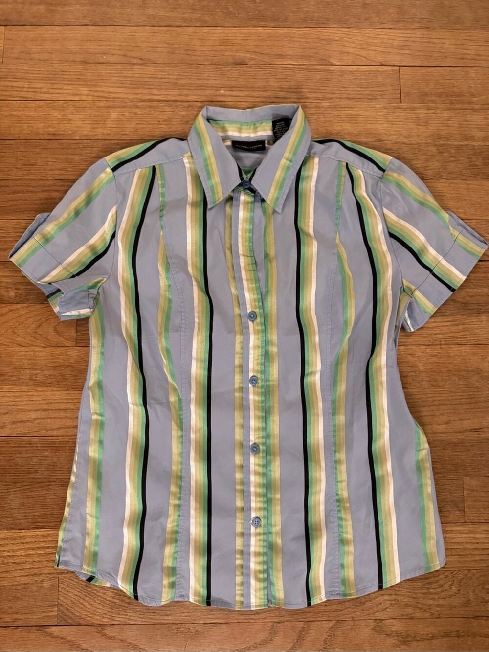 New York & Company Women's Blue Green Striped Button Up Shirt - Size M
b20